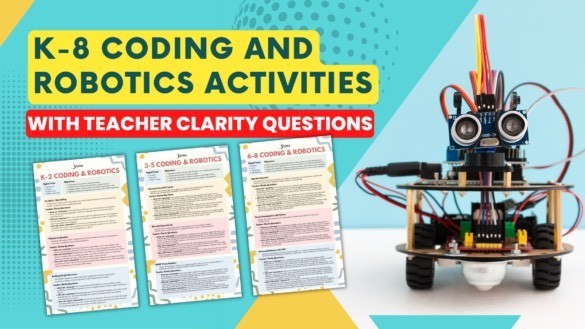 Title slide with words coding and robotics activities, teacher clarity questions, etc.