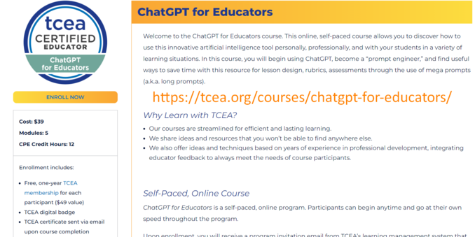 A screenshot of the ChatGPT for Educator course website that displays cost ($39), modules (5), CPE credit hours (12), and a short description about the course.